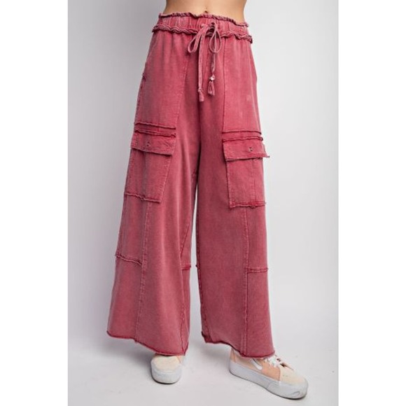 Mineral Washed Cargo Wide Leg Pants - Yummy Cherry Blossom - Picture 3 of 4